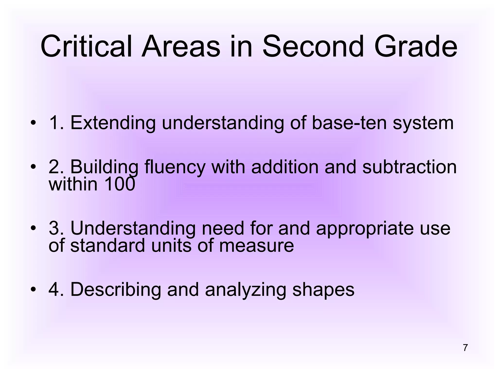 Critical Areas in Second Grade 1. Extending understanding of base-ten system  2. Building fluency with addition and subtraction within 100  3. Understanding need for and appropriate use of standard units of measure  4. Describing and analyzing shapes  