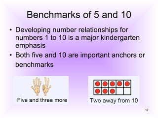 Benchmarks of 5 and 10 Developing number relationships for numbers 1 to 10 is a major kindergarten emphasis Both five and 10 are important anchors or benchmarks 