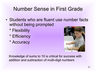 Number Sense in First Grade Students who are fluent use number facts without being prompted * Flexibility * Efficiency * Accuracy Knowledge of sums to 10 is critical for success with addition and subtraction of multi-digit numbers 