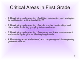 Critical Areas in First Grade 1. Developing understanding of addition, subtraction, and strategies for addition and subtraction within 20  2. Developing understanding of whole number relationships and place value, including grouping in tens and ones  3. Developing understanding of non-standard linear measurement and measuring lengths as iterating length units  4. Reasoning about attributes of, and composing and decomposing geometric shapes  