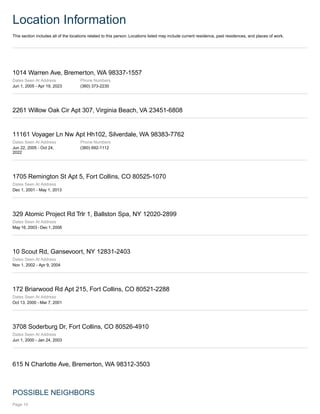 Location Information
This section includes all of the locations related to this person. Locations listed may include current residence, past residences, and places of work.
1014 Warren Ave, Bremerton, WA 98337-1557
Dates Seen At Address
Jun 1, 2005 - Apr 19, 2023
Phone Numbers
(360) 373-2230
2261 Willow Oak Cir Apt 307, Virginia Beach, VA 23451-6808
11161 Voyager Ln Nw Apt Hh102, Silverdale, WA 98383-7762
Dates Seen At Address
Jun 22, 2005 - Oct 24,
2022
Phone Numbers
(360) 692-1112
1705 Remington St Apt 5, Fort Collins, CO 80525-1070
Dates Seen At Address
Dec 1, 2001 - May 1, 2013
329 Atomic Project Rd Trlr 1, Ballston Spa, NY 12020-2899
Dates Seen At Address
May 16, 2003 - Dec 1, 2006
10 Scout Rd, Gansevoort, NY 12831-2403
Dates Seen At Address
Nov 1, 2002 - Apr 9, 2004
172 Briarwood Rd Apt 215, Fort Collins, CO 80521-2288
Dates Seen At Address
Oct 13, 2000 - Mar 7, 2001
3708 Soderburg Dr, Fort Collins, CO 80526-4910
Dates Seen At Address
Jun 1, 2000 - Jan 24, 2003
615 N Charlotte Ave, Bremerton, WA 98312-3503
POSSIBLE NEIGHBORS
Page 10
 