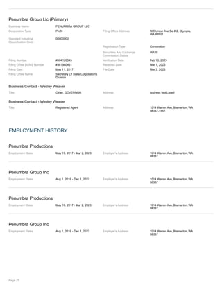Penumbra Group Llc (Primary)
Business Name PENUMBRA GROUP LLC
Corporation Type Profit Filing Office Address 505 Union Ave Se # 2, Olympia,
WA 98501
Standard Industrial
Classification Code
00000000
Registration Type Corporation
Securities And Exchange
Commission Status
WA20
Filing Number #604126545 Verification Date Feb 10, 2023
Filing Office DUNS Number #361960461 Received Date Mar 1, 2023
Filing Date May 11, 2017 File Date Mar 3, 2023
Filing Office Name Secretary Of State/Corporations
Division
Business Contact - Wesley Weaver
Title Other, GOVERNOR Address Address Not Listed
Business Contact - Wesley Weaver
Title Registered Agent Address 1014 Warren Ave, Bremerton, WA
98337-1557
EMPLOYMENT HISTORY
Penumbra Productions
Employment Dates May 19, 2017 - Mar 2, 2023 Employer's Address 1014 Warren Ave, Bremerton, WA
98337
Penumbra Group Inc
Employment Dates Aug 1, 2019 - Dec 1, 2022 Employer's Address 1014 Warren Ave, Bremerton, WA
98337
Penumbra Productions
Employment Dates May 19, 2017 - Mar 2, 2023 Employer's Address 1014 Warren Ave, Bremerton, WA
98337
Penumbra Group Inc
Employment Dates Aug 1, 2019 - Dec 1, 2022 Employer's Address 1014 Warren Ave, Bremerton, WA
98337
Page 25
 