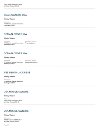 5303 County Road 3200, Moun-
tain View, Missouri, 65548
EMAIL OWNERS USA
Wesley Weaver
Addresses:
1014 Warren Avenue, Bremerton,
Washington, 98337
DOMAIN OWNER WW
Wesley Weaver
Addresses:
1014 Warren Avenue, Bremerton,
Washington, 98337
Associated Domain
Penumbra-pc.com
DOMAIN OWNER WW
Wesley Weaver
Addresses:
1014 Warren Avenue, Bremerton,
Washington, 98337
Associated Domain
Anastazianichole.com
RESIDENTIAL ADDRESS
Wesley Weaver
Addresses:
1014 Warren Avenue, Bremerton,
Washington, 98337
USA MOBILE OWNERS
Wesley Weaver
Addresses:
5303 County Road 3200, Moun-
tain View, Missouri, 65548
USA MOBILE OWNERS
Wesley Weaver
Addresses:
5303 County Road 3200, Moun-
tain View, Missouri, 65548
Page 30
 