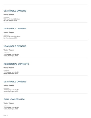 USA MOBILE OWNERS
Wesley Weaver
Addresses:
5303 County Road 3200, Moun-
tain View, Missouri, 65548
USA MOBILE OWNERS
Wesley Weaver
Addresses:
5303 County Road 3200, Moun-
tain View, Missouri, 65548
USA MOBILE OWNERS
Wesley Weaver
Addresses:
11161 Voyager Lane Nw, Sil-
verdale, Washington, 98383
RESIDENTIAL CONTACTS
Wesley Weaver
Addresses:
11161 Voyager Lane Nw, Sil-
verdale, Washington, 98383
USA MOBILE OWNERS
Wesley Weaver
Addresses:
11161 Voyager Lane Nw, Sil-
verdale, Washington, 98383
EMAIL OWNERS USA
Wesley Weaver
Addresses:
11161 Voyager Lane Nw, Sil-
verdale, Washington, 98383
Page 31
 