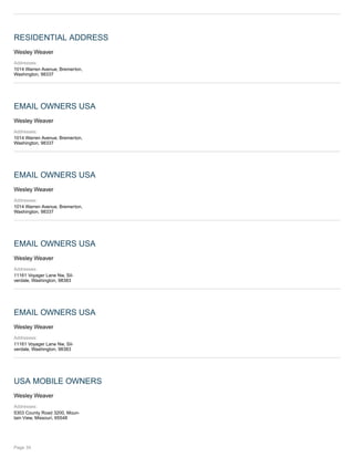 RESIDENTIAL ADDRESS
Wesley Weaver
Addresses:
1014 Warren Avenue, Bremerton,
Washington, 98337
EMAIL OWNERS USA
Wesley Weaver
Addresses:
1014 Warren Avenue, Bremerton,
Washington, 98337
EMAIL OWNERS USA
Wesley Weaver
Addresses:
1014 Warren Avenue, Bremerton,
Washington, 98337
EMAIL OWNERS USA
Wesley Weaver
Addresses:
11161 Voyager Lane Nw, Sil-
verdale, Washington, 98383
EMAIL OWNERS USA
Wesley Weaver
Addresses:
11161 Voyager Lane Nw, Sil-
verdale, Washington, 98383
USA MOBILE OWNERS
Wesley Weaver
Addresses:
5303 County Road 3200, Moun-
tain View, Missouri, 65548
Page 34
 