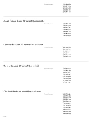 Phone Numbers (216) 406-0955
(216) 671-7734
(216) 941-2507
(630) 639-8804
(216) 712-4315
Joseph Richard Bytner, 88 years old (approximate)
Phone Numbers (734) 743-5173
(248) 464-0105
(248) 767-2847
(313) 424-8731
(989) 539-1783
(248) 474-8724
(734) 231-8785
Lisa Anne Brucchieri, 55 years old (approximate)
Phone Numbers (201) 323-5934
(201) 456-0578
(973) 390-1414
(973) 228-7445
(973) 364-0146
(722) 200-8182
Karen M Bocuzzo, 59 years old (approximate)
Phone Numbers (702) 373-6354
(702) 476-3634
(916) 212-0217
(702) 226-7677
(702) 328-0289
(702) 547-9686
(978) 682-0963
(978) 975-5284
Faith Marie Banks, 44 years old (approximate)
Phone Numbers (859) 707-2214
(859) 707-3598
(920) 221-3470
(920) 358-7169
(920) 380-9284
(775) 782-6127
(207) 522-9776
(207) 725-0661
(843) 257-4767
(843) 269-7689
(843) 380-9284
Page 5
 