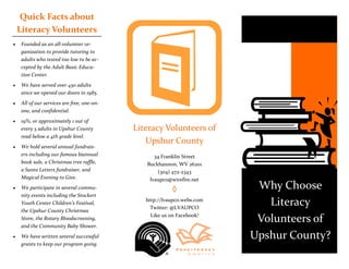 Quick Facts about
Literacy Volunteers
 Founded as an all-volunteer or-
 ganization to provide tutoring to
 adults who tested too low to be ac-
 cepted by the Adult Basic Educa-
 tion Center.
 We have served over 450 adults
 since we opened our doors in 1985.
 All of our services are free, one-on-
 one, and confidential.
 19%, or approximately 1 out of
 every 5 adults in Upshur County         Literacy Volunteers of
 read below a 4th grade level.
                                            Upshur County
 We hold several annual fundrais-
 ers including our famous biannual             34 Franklin Street
 book sale, a Christmas tree raffle,        Buckhannon, WV 26201
 a Santa Letters fundraiser, and                (304) 472-2343
 Magical Evening to Give.                    lvaupco@wirefire.net
 We participate in several commu-
                                                      ◊                Why Choose
 nity events including the Stockert
 Youth Center Children’s Festival,
                                            http://lvaupco.webs.com
                                              Twitter: @LVAUPCO
                                                                         Literacy
 the Upshur County Christmas
                                              Like us on Facebook!
 Store, the Rotary Bloodscreening,
 and the Community Baby Shower.
                                                                       Volunteers of
 We have written several successful                                   Upshur County?
 grants to keep our program going.
 