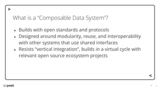 ⌵
⌵
What is a “Composable Data System”?
● Builds with open standards and protocols
● Designed around modularity, reuse, and interoperability
with other systems that use shared interfaces
● Resists “vertical integration”, builds in a virtual cycle with
relevant open source ecosystem projects
 