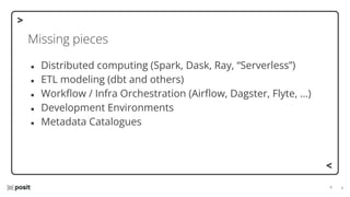 ⌵
⌵
Missing pieces
● Distributed computing (Spark, Dask, Ray, “Serverless”)
● ETL modeling (dbt and others)
● Workﬂow / Infra Orchestration (Airﬂow, Dagster, Flyte, …)
● Development Environments
● Metadata Catalogues
 