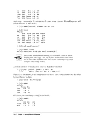 one 2000 Ohio 1.5 NaN
two 2001 Ohio 1.7 -1.2
three 2002 Ohio 3.6 NaN
four 2001 Nevada 2.4 -1.5
five 2002 Nevada 2.9 -1.7
Assigning a column that doesn’t exist will create a new column. The del keyword will
delete columns as with a dict:
In [53]: frame2['eastern'] = frame2.state == 'Ohio'
In [54]: frame2
Out[54]:
year state pop debt eastern
one 2000 Ohio 1.5 NaN True
two 2001 Ohio 1.7 -1.2 True
three 2002 Ohio 3.6 NaN True
four 2001 Nevada 2.4 -1.5 False
five 2002 Nevada 2.9 -1.7 False
In [55]: del frame2['eastern']
In [56]: frame2.columns
Out[56]: Index([year, state, pop, debt], dtype=object)
The column returned when indexing a DataFrame is a view on the un-
derlying data, not a copy. Thus, any in-place modifications to the Series
will be reflected in the DataFrame. The column can be explicitly copied
using the Series’s copy method.
Another common form of data is a nested dict of dicts format:
In [57]: pop = {'Nevada': {2001: 2.4, 2002: 2.9},
....: 'Ohio': {2000: 1.5, 2001: 1.7, 2002: 3.6}}
If passed to DataFrame, it will interpret the outer dict keys as the columns and the inner
keys as the row indices:
In [58]: frame3 = DataFrame(pop)
In [59]: frame3
Out[59]:
Nevada Ohio
2000 NaN 1.5
2001 2.4 1.7
2002 2.9 3.6
Of course you can always transpose the result:
In [60]: frame3.T
Out[60]:
2000 2001 2002
Nevada NaN 2.4 2.9
Ohio 1.5 1.7 3.6
118 | Chapter 5: Getting Started with pandas
 