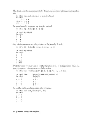 The data is sorted in ascending order by default, but can be sorted in descending order,
too:
In [174]: frame.sort_index(axis=1, ascending=False)
Out[174]:
d c b a
three 0 3 2 1
one 4 7 6 5
To sort a Series by its values, use its order method:
In [175]: obj = Series([4, 7, -3, 2])
In [176]: obj.order()
Out[176]:
2 -3
3 2
0 4
1 7
Any missing values are sorted to the end of the Series by default:
In [177]: obj = Series([4, np.nan, 7, np.nan, -3, 2])
In [178]: obj.order()
Out[178]:
4 -3
5 2
0 4
2 7
1 NaN
3 NaN
On DataFrame, you may want to sort by the values in one or more columns. To do so,
pass one or more column names to the by option:
In [179]: frame = DataFrame({'b': [4, 7, -3, 2], 'a': [0, 1, 0, 1]})
In [180]: frame In [181]: frame.sort_index(by='b')
Out[180]: Out[181]:
a b a b
0 0 4 2 0 -3
1 1 7 3 1 2
2 0 -3 0 0 4
3 1 2 1 1 7
To sort by multiple columns, pass a list of names:
In [182]: frame.sort_index(by=['a', 'b'])
Out[182]:
a b
2 0 -3
0 0 4
3 1 2
1 1 7
134 | Chapter 5: Getting Started with pandas
 