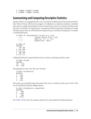 b 1.669025 -0.438570 -0.539741
b 0.476985 3.248944 -1.021228
Summarizing and Computing Descriptive Statistics
pandas objects are equipped with a set of common mathematical and statistical meth-
ods. Most of these fall into the category of reductions or summary statistics, methods
that extract a single value (like the sum or mean) from a Series or a Series of values from
the rows or columns of a DataFrame. Compared with the equivalent methods of vanilla
NumPy arrays, they are all built from the ground up to exclude missing data. Consider
a small DataFrame:
In [198]: df = DataFrame([[1.4, np.nan], [7.1, -4.5],
.....: [np.nan, np.nan], [0.75, -1.3]],
.....: index=['a', 'b', 'c', 'd'],
.....: columns=['one', 'two'])
In [199]: df
Out[199]:
one two
a 1.40 NaN
b 7.10 -4.5
c NaN NaN
d 0.75 -1.3
Calling DataFrame’s sum method returns a Series containing column sums:
In [200]: df.sum()
Out[200]:
one 9.25
two -5.80
Passing axis=1 sums over the rows instead:
In [201]: df.sum(axis=1)
Out[201]:
a 1.40
b 2.60
c NaN
d -0.55
NA values are excluded unless the entire slice (row or column in this case) is NA. This
can be disabled using the skipna option:
In [202]: df.mean(axis=1, skipna=False)
Out[202]:
a NaN
b 1.300
c NaN
d -0.275
See Table 5-9 for a list of common options for each reduction method options.
Summarizing and Computing Descriptive Statistics | 137
 