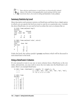 Data selection performance is much better on hierarchically indexed
objects if the index is lexicographically sorted starting with the outer-
most level, that is, the result of calling sortlevel(0) or sort_index().
Summary Statistics by Level
Many descriptive and summary statistics on DataFrame and Series have a level option
in which you can specify the level you want to sum by on a particular axis. Consider
the above DataFrame; we can sum by level on either the rows or columns like so:
In [279]: frame.sum(level='key2')
Out[279]:
state Ohio Colorado
color Green Red Green
key2
1 6 8 10
2 12 14 16
In [280]: frame.sum(level='color', axis=1)
Out[280]:
color Green Red
key1 key2
a 1 2 1
2 8 4
b 1 14 7
2 20 10
Under the hood, this utilizes pandas’s groupby machinery which will be discussed in
more detail later in the book.
Using a DataFrame’s Columns
It’s not unusual to want to use one or more columns from a DataFrame as the row
index; alternatively, you may wish to move the row index into the DataFrame’s col-
umns. Here’s an example DataFrame:
In [281]: frame = DataFrame({'a': range(7), 'b': range(7, 0, -1),
.....: 'c': ['one', 'one', 'one', 'two', 'two', 'two', 'two'],
.....: 'd': [0, 1, 2, 0, 1, 2, 3]})
In [282]: frame
Out[282]:
a b c d
0 0 7 one 0
1 1 6 one 1
2 2 5 one 2
3 3 4 two 0
4 4 3 two 1
5 5 2 two 2
6 6 1 two 3
150 | Chapter 5: Getting Started with pandas
 
