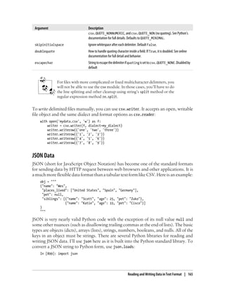 Argument Description
csv.QUOTE_NONNUMERIC, and csv.QUOTE_NON (no quoting). See Python’s
documentation for full details. Defaults to QUOTE_MINIMAL.
skipinitialspace Ignore whitespace after each delimiter. Default False.
doublequote How to handle quoting character inside a field. If True, it is doubled. See online
documentation for full detail and behavior.
escapechar Stringtoescapethedelimiterifquotingissettocsv.QUOTE_NONE.Disabledby
default
For files with more complicated or fixed multicharacter delimiters, you
will not be able to use the csv module. In those cases, you’ll have to do
the line splitting and other cleanup using string’s split method or the
regular expression method re.split.
To write delimited files manually, you can use csv.writer. It accepts an open, writable
file object and the same dialect and format options as csv.reader:
with open('mydata.csv', 'w') as f:
writer = csv.writer(f, dialect=my_dialect)
writer.writerow(('one', 'two', 'three'))
writer.writerow(('1', '2', '3'))
writer.writerow(('4', '5', '6'))
writer.writerow(('7', '8', '9'))
JSON Data
JSON (short for JavaScript Object Notation) has become one of the standard formats
for sending data by HTTP request between web browsers and other applications. It is
a much more flexible data format than a tabular text form like CSV. Here is an example:
obj = """
{"name": "Wes",
"places_lived": ["United States", "Spain", "Germany"],
"pet": null,
"siblings": [{"name": "Scott", "age": 25, "pet": "Zuko"},
{"name": "Katie", "age": 33, "pet": "Cisco"}]
}
"""
JSON is very nearly valid Python code with the exception of its null value null and
some other nuances (such as disallowing trailing commas at the end of lists). The basic
types are objects (dicts), arrays (lists), strings, numbers, booleans, and nulls. All of the
keys in an object must be strings. There are several Python libraries for reading and
writing JSON data. I’ll use json here as it is built into the Python standard library. To
convert a JSON string to Python form, use json.loads:
In [899]: import json
Reading and Writing Data in Text Format | 165
 