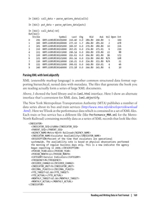In [920]: call_data = parse_options_data(calls)
In [921]: put_data = parse_options_data(puts)
In [922]: call_data[:10]
Out[922]:
Strike Symbol Last Chg Bid Ask Vol Open Int
0 295 AAPL120818C00295000 310.40 0.0 289.80 290.80 1 169
1 300 AAPL120818C00300000 277.10 1.7 284.80 285.60 2 478
2 305 AAPL120818C00305000 300.97 0.0 279.80 280.80 10 316
3 310 AAPL120818C00310000 267.05 0.0 274.80 275.65 6 239
4 315 AAPL120818C00315000 296.54 0.0 269.80 270.80 22 88
5 320 AAPL120818C00320000 291.63 0.0 264.80 265.80 96 173
6 325 AAPL120818C00325000 261.34 0.0 259.80 260.80 N/A 108
7 330 AAPL120818C00330000 230.25 0.0 254.80 255.80 N/A 21
8 335 AAPL120818C00335000 266.03 0.0 249.80 250.65 4 46
9 340 AAPL120818C00340000 272.58 0.0 244.80 245.80 4 30
Parsing XML with lxml.objectify
XML (extensible markup language) is another common structured data format sup-
porting hierarchical, nested data with metadata. The files that generate the book you
are reading actually form a series of large XML documents.
Above, I showed the lxml library and its lxml.html interface. Here I show an alternate
interface that’s convenient for XML data, lxml.objectify.
The New York Metropolitan Transportation Authority (MTA) publishes a number of
data series about its bus and train services (http://www.mta.info/developers/download
.html). Here we’ll look at the performance data which is contained in a set of XML files.
Each train or bus service has a different file (like Performance_MNR.xml for the Metro-
North Railroad) containing monthly data as a series of XML records that look like this:
<INDICATOR>
<INDICATOR_SEQ>373889</INDICATOR_SEQ>
<PARENT_SEQ></PARENT_SEQ>
<AGENCY_NAME>Metro-North Railroad</AGENCY_NAME>
<INDICATOR_NAME>Escalator Availability</INDICATOR_NAME>
<DESCRIPTION>Percent of the time that escalators are operational
systemwide. The availability rate is based on physical observations performed
the morning of regular business days only. This is a new indicator the agency
began reporting in 2009.</DESCRIPTION>
<PERIOD_YEAR>2011</PERIOD_YEAR>
<PERIOD_MONTH>12</PERIOD_MONTH>
<CATEGORY>Service Indicators</CATEGORY>
<FREQUENCY>M</FREQUENCY>
<DESIRED_CHANGE>U</DESIRED_CHANGE>
<INDICATOR_UNIT>%</INDICATOR_UNIT>
<DECIMAL_PLACES>1</DECIMAL_PLACES>
<YTD_TARGET>97.00</YTD_TARGET>
<YTD_ACTUAL></YTD_ACTUAL>
<MONTHLY_TARGET>97.00</MONTHLY_TARGET>
<MONTHLY_ACTUAL></MONTHLY_ACTUAL>
</INDICATOR>
Reading and Writing Data in Text Format | 169
 