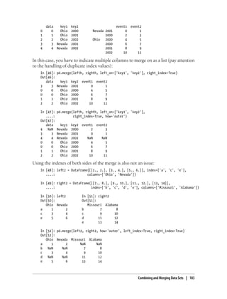 data key1 key2 event1 event2
0 0 Ohio 2000 Nevada 2001 0 1
1 1 Ohio 2001 2000 2 3
2 2 Ohio 2002 Ohio 2000 4 5
3 3 Nevada 2001 2000 6 7
4 4 Nevada 2002 2001 8 9
2002 10 11
In this case, you have to indicate multiple columns to merge on as a list (pay attention
to the handling of duplicate index values):
In [46]: pd.merge(lefth, righth, left_on=['key1', 'key2'], right_index=True)
Out[46]:
data key1 key2 event1 event2
3 3 Nevada 2001 0 1
0 0 Ohio 2000 4 5
0 0 Ohio 2000 6 7
1 1 Ohio 2001 8 9
2 2 Ohio 2002 10 11
In [47]: pd.merge(lefth, righth, left_on=['key1', 'key2'],
....: right_index=True, how='outer')
Out[47]:
data key1 key2 event1 event2
4 NaN Nevada 2000 2 3
3 3 Nevada 2001 0 1
4 4 Nevada 2002 NaN NaN
0 0 Ohio 2000 4 5
0 0 Ohio 2000 6 7
1 1 Ohio 2001 8 9
2 2 Ohio 2002 10 11
Using the indexes of both sides of the merge is also not an issue:
In [48]: left2 = DataFrame([[1., 2.], [3., 4.], [5., 6.]], index=['a', 'c', 'e'],
....: columns=['Ohio', 'Nevada'])
In [49]: right2 = DataFrame([[7., 8.], [9., 10.], [11., 12.], [13, 14]],
....: index=['b', 'c', 'd', 'e'], columns=['Missouri', 'Alabama'])
In [50]: left2 In [51]: right2
Out[50]: Out[51]:
Ohio Nevada Missouri Alabama
a 1 2 b 7 8
c 3 4 c 9 10
e 5 6 d 11 12
e 13 14
In [52]: pd.merge(left2, right2, how='outer', left_index=True, right_index=True)
Out[52]:
Ohio Nevada Missouri Alabama
a 1 2 NaN NaN
b NaN NaN 7 8
c 3 4 9 10
d NaN NaN 11 12
e 5 6 13 14
Combining and Merging Data Sets | 183
 