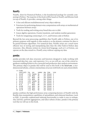 NumPy
NumPy, short for Numerical Python, is the foundational package for scientific com-
puting in Python. The majority of this book will be based on NumPy and libraries built
on top of NumPy. It provides, among other things:
• A fast and efficient multidimensional array object ndarray
• Functions for performing element-wise computations with arrays or mathematical
operations between arrays
• Tools for reading and writing array-based data sets to disk
• Linear algebra operations, Fourier transform, and random number generation
• Tools for integrating connecting C, C++, and Fortran code to Python
Beyond the fast array-processing capabilities that NumPy adds to Python, one of its
primary purposes with regards to data analysis is as the primary container for data to
be passed between algorithms. For numerical data, NumPy arrays are a much more
efficient way of storing and manipulating data than the other built-in Python data
structures. Also, libraries written in a lower-level language, such as C or Fortran, can
operate on the data stored in a NumPy array without copying any data.
pandas
pandas provides rich data structures and functions designed to make working with
structured data fast, easy, and expressive. It is, as you will see, one of the critical in-
gredients enabling Python to be a powerful and productive data analysis environment.
The primary object in pandas that will be used in this book is the DataFrame, a two-
dimensional tabular, column-oriented data structure with both row and column labels:
>>> frame
total_bill tip sex smoker day time size
1 16.99 1.01 Female No Sun Dinner 2
2 10.34 1.66 Male No Sun Dinner 3
3 21.01 3.5 Male No Sun Dinner 3
4 23.68 3.31 Male No Sun Dinner 2
5 24.59 3.61 Female No Sun Dinner 4
6 25.29 4.71 Male No Sun Dinner 4
7 8.77 2 Male No Sun Dinner 2
8 26.88 3.12 Male No Sun Dinner 4
9 15.04 1.96 Male No Sun Dinner 2
10 14.78 3.23 Male No Sun Dinner 2
pandas combines the high performance array-computing features of NumPy with the
flexible data manipulation capabilities of spreadsheets and relational databases (such
as SQL). It provides sophisticated indexing functionality to make it easy to reshape,
slice and dice, perform aggregations, and select subsets of data. pandas is the primary
tool that we will use in this book.
4 | Chapter 1: Preliminaries
 