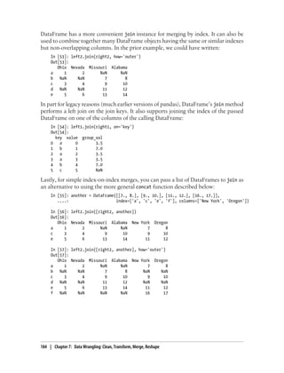 DataFrame has a more convenient join instance for merging by index. It can also be
used to combine together many DataFrame objects having the same or similar indexes
but non-overlapping columns. In the prior example, we could have written:
In [53]: left2.join(right2, how='outer')
Out[53]:
Ohio Nevada Missouri Alabama
a 1 2 NaN NaN
b NaN NaN 7 8
c 3 4 9 10
d NaN NaN 11 12
e 5 6 13 14
In part for legacy reasons (much earlier versions of pandas), DataFrame’s join method
performs a left join on the join keys. It also supports joining the index of the passed
DataFrame on one of the columns of the calling DataFrame:
In [54]: left1.join(right1, on='key')
Out[54]:
key value group_val
0 a 0 3.5
1 b 1 7.0
2 a 2 3.5
3 a 3 3.5
4 b 4 7.0
5 c 5 NaN
Lastly, for simple index-on-index merges, you can pass a list of DataFrames to join as
an alternative to using the more general concat function described below:
In [55]: another = DataFrame([[7., 8.], [9., 10.], [11., 12.], [16., 17.]],
....: index=['a', 'c', 'e', 'f'], columns=['New York', 'Oregon'])
In [56]: left2.join([right2, another])
Out[56]:
Ohio Nevada Missouri Alabama New York Oregon
a 1 2 NaN NaN 7 8
c 3 4 9 10 9 10
e 5 6 13 14 11 12
In [57]: left2.join([right2, another], how='outer')
Out[57]:
Ohio Nevada Missouri Alabama New York Oregon
a 1 2 NaN NaN 7 8
b NaN NaN 7 8 NaN NaN
c 3 4 9 10 9 10
d NaN NaN 11 12 NaN NaN
e 5 6 13 14 11 12
f NaN NaN NaN NaN 16 17
184 | Chapter 7: Data Wrangling: Clean, Transform, Merge, Reshape
 