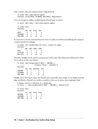 Like a Series, the axis indexes have a map method:
In [146]: data.index.map(str.upper)
Out[146]: array([OHIO, COLORADO, NEW YORK], dtype=object)
You can assign to index, modifying the DataFrame in place:
In [147]: data.index = data.index.map(str.upper)
In [148]: data
Out[148]:
one two three four
OHIO 0 1 2 3
COLORADO 4 5 6 7
NEW YORK 8 9 10 11
If you want to create a transformed version of a data set without modifying the original,
a useful method is rename:
In [149]: data.rename(index=str.title, columns=str.upper)
Out[149]:
ONE TWO THREE FOUR
Ohio 0 1 2 3
Colorado 4 5 6 7
New York 8 9 10 11
Notably, rename can be used in conjunction with a dict-like object providing new values
for a subset of the axis labels:
In [150]: data.rename(index={'OHIO': 'INDIANA'},
.....: columns={'three': 'peekaboo'})
Out[150]:
one two peekaboo four
INDIANA 0 1 2 3
COLORADO 4 5 6 7
NEW YORK 8 9 10 11
rename saves having to copy the DataFrame manually and assign to its index and col
umns attributes. Should you wish to modify a data set in place, pass inplace=True:
# Always returns a reference to a DataFrame
In [151]: _ = data.rename(index={'OHIO': 'INDIANA'}, inplace=True)
In [152]: data
Out[152]:
one two three four
INDIANA 0 1 2 3
COLORADO 4 5 6 7
NEW YORK 8 9 10 11
198 | Chapter 7: Data Wrangling: Clean, Transform, Merge, Reshape
 