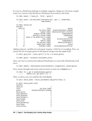If a row in a DataFrame belongs to multiple categories, things are a bit more compli-
cated. Let’s return to the MovieLens 1M dataset from earlier in the book:
In [194]: mnames = ['movie_id', 'title', 'genres']
In [195]: movies = pd.read_table('ch07/movies.dat', sep='::', header=None,
.....: names=mnames)
In [196]: movies[:10]
Out[196]:
movie_id title genres
0 1 Toy Story (1995) Animation|Children's|Comedy
1 2 Jumanji (1995) Adventure|Children's|Fantasy
2 3 Grumpier Old Men (1995) Comedy|Romance
3 4 Waiting to Exhale (1995) Comedy|Drama
4 5 Father of the Bride Part II (1995) Comedy
5 6 Heat (1995) Action|Crime|Thriller
6 7 Sabrina (1995) Comedy|Romance
7 8 Tom and Huck (1995) Adventure|Children's
8 9 Sudden Death (1995) Action
9 10 GoldenEye (1995) Action|Adventure|Thriller
Adding indicator variables for each genre requires a little bit of wrangling. First, we
extract the list of unique genres in the dataset (using a nice set.union trick):
In [197]: genre_iter = (set(x.split('|')) for x in movies.genres)
In [198]: genres = sorted(set.union(*genre_iter))
Now, one way to construct the indicator DataFrame is to start with a DataFrame of all
zeros:
In [199]: dummies = DataFrame(np.zeros((len(movies), len(genres))), columns=genres)
Now, iterate through each movie and set entries in each row of dummies to 1:
In [200]: for i, gen in enumerate(movies.genres):
.....: dummies.ix[i, gen.split('|')] = 1
Then, as above, you can combine this with movies:
In [201]: movies_windic = movies.join(dummies.add_prefix('Genre_'))
In [202]: movies_windic.ix[0]
Out[202]:
movie_id 1
title Toy Story (1995)
genres Animation|Children's|Comedy
Genre_Action 0
Genre_Adventure 0
Genre_Animation 1
Genre_Children's 1
Genre_Comedy 1
Genre_Crime 0
Genre_Documentary 0
Genre_Drama 0
Genre_Fantasy 0
204 | Chapter 7: Data Wrangling: Clean, Transform, Merge, Reshape
 