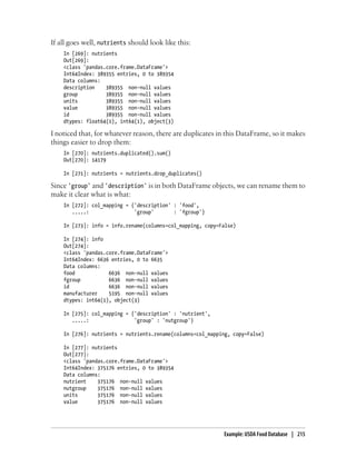 If all goes well, nutrients should look like this:
In [269]: nutrients
Out[269]:
<class 'pandas.core.frame.DataFrame'>
Int64Index: 389355 entries, 0 to 389354
Data columns:
description 389355 non-null values
group 389355 non-null values
units 389355 non-null values
value 389355 non-null values
id 389355 non-null values
dtypes: float64(1), int64(1), object(3)
I noticed that, for whatever reason, there are duplicates in this DataFrame, so it makes
things easier to drop them:
In [270]: nutrients.duplicated().sum()
Out[270]: 14179
In [271]: nutrients = nutrients.drop_duplicates()
Since 'group' and 'description' is in both DataFrame objects, we can rename them to
make it clear what is what:
In [272]: col_mapping = {'description' : 'food',
.....: 'group' : 'fgroup'}
In [273]: info = info.rename(columns=col_mapping, copy=False)
In [274]: info
Out[274]:
<class 'pandas.core.frame.DataFrame'>
Int64Index: 6636 entries, 0 to 6635
Data columns:
food 6636 non-null values
fgroup 6636 non-null values
id 6636 non-null values
manufacturer 5195 non-null values
dtypes: int64(1), object(3)
In [275]: col_mapping = {'description' : 'nutrient',
.....: 'group' : 'nutgroup'}
In [276]: nutrients = nutrients.rename(columns=col_mapping, copy=False)
In [277]: nutrients
Out[277]:
<class 'pandas.core.frame.DataFrame'>
Int64Index: 375176 entries, 0 to 389354
Data columns:
nutrient 375176 non-null values
nutgroup 375176 non-null values
units 375176 non-null values
value 375176 non-null values
Example: USDA Food Database | 215
 