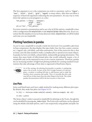 The first argument to rc is the component you wish to customize, such as 'figure',
'axes', 'xtick', 'ytick', 'grid', 'legend' or many others. After that can follow a
sequence of keyword arguments indicating the new parameters. An easy way to write
down the options in your program is as a dict:
font_options = {'family' : 'monospace',
'weight' : 'bold',
'size' : 'small'}
plt.rc('font', **font_options)
For more extensive customization and to see a list of all the options, matplotlib comes
with a configuration file matplotlibrc in the matplotlib/mpl-data directory. If you cus-
tomize this file and place it in your home directory titled .matplotlibrc, it will be loaded
each time you use matplotlib.
Plotting Functions in pandas
As you’ve seen, matplotlib is actually a fairly low-level tool. You assemble a plot from
its base components: the data display (the type of plot: line, bar, box, scatter, contour,
etc.), legend, title, tick labels, and other annotations. Part of the reason for this is that
in many cases the data needed to make a complete plot is spread across many objects.
In pandas we have row labels, column labels, and possibly grouping information. This
means that many kinds of fully-formed plots that would ordinarily require a lot of
matplotlib code can be expressed in one or two concise statements. Therefore, pandas
has an increasing number of high-level plotting methods for creating standard visual-
izations that take advantage of how data is organized in DataFrame objects.
As of this writing, the plotting functionality in pandas is undergoing
quite a bit of work. As part of the 2012 Google Summer of Code pro-
gram, a student is working full time to add features and to make the
interface more consistent and usable. Thus, it’s possible that this code
may fall out-of-date faster than the other things in this book. The online
pandas documentation will be the best resource in that event.
Line Plots
Series and DataFrame each have a plot method for making many different plot types.
By default, they make line plots (see Figure 8-13):
In [55]: s = Series(np.random.randn(10).cumsum(), index=np.arange(0, 100, 10))
In [56]: s.plot()
The Series object’s index is passed to matplotlib for plotting on the X axis, though this
can be disabled by passing use_index=False. The X axis ticks and limits can be adjusted
using the xticks and xlim options, and Y axis respectively using yticks and ylim. See
232 | Chapter 8: Plotting and Visualization
 
