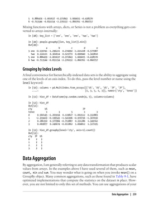 5 0.886429 -2.001637 -0.371843 1.669025 -0.438570
6 -0.713544 -0.831154 -2.370232 -1.860761 -0.860757
Mixing functions with arrays, dicts, or Series is not a problem as everything gets con-
verted to arrays internally:
In [48]: key_list = ['one', 'one', 'one', 'two', 'two']
In [49]: people.groupby([len, key_list]).min()
Out[49]:
a b c d e
3 one -0.539741 -1.296221 0.274992 -1.021228 -0.577087
two 0.124121 0.302614 0.523772 0.000940 1.343810
5 one 0.886429 -2.001637 -0.371843 1.669025 -0.438570
6 two -0.713544 -0.831154 -2.370232 -1.860761 -0.860757
Grouping by Index Levels
A final convenience for hierarchically-indexed data sets is the ability to aggregate using
one of the levels of an axis index. To do this, pass the level number or name using the
level keyword:
In [50]: columns = pd.MultiIndex.from_arrays([['US', 'US', 'US', 'JP', 'JP'],
....: [1, 3, 5, 1, 3]], names=['cty', 'tenor'])
In [51]: hier_df = DataFrame(np.random.randn(4, 5), columns=columns)
In [52]: hier_df
Out[52]:
cty US JP
tenor 1 3 5 1 3
0 0.560145 -1.265934 0.119827 -1.063512 0.332883
1 -2.359419 -0.199543 -1.541996 -0.970736 -1.307030
2 0.286350 0.377984 -0.753887 0.331286 1.349742
3 0.069877 0.246674 -0.011862 1.004812 1.327195
In [53]: hier_df.groupby(level='cty', axis=1).count()
Out[53]:
cty JP US
0 2 3
1 2 3
2 2 3
3 2 3
Data Aggregation
By aggregation, I am generally referring to any data transformation that produces scalar
values from arrays. In the examples above I have used several of them, such as mean,
count, min and sum. You may wonder what is going on when you invoke mean() on a
GroupBy object. Many common aggregations, such as those found in Table 9-1, have
optimized implementations that compute the statistics on the dataset in place. How-
ever, you are not limited to only this set of methods. You can use aggregations of your
Data Aggregation | 259
 