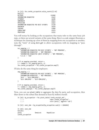 In [27]: fec.contbr_occupation.value_counts()[:10]
Out[27]:
RETIRED 233990
INFORMATION REQUESTED 35107
ATTORNEY 34286
HOMEMAKER 29931
PHYSICIAN 23432
INFORMATION REQUESTED PER BEST EFFORTS 21138
ENGINEER 14334
TEACHER 13990
CONSULTANT 13273
PROFESSOR 12555
You will notice by looking at the occupations that many refer to the same basic job
type, or there are several variants of the same thing. Here is a code snippet illustrates a
technique for cleaning up a few of them by mapping from one occupation to another;
note the “trick” of using dict.get to allow occupations with no mapping to “pass
through”:
occ_mapping = {
'INFORMATION REQUESTED PER BEST EFFORTS' : 'NOT PROVIDED',
'INFORMATION REQUESTED' : 'NOT PROVIDED',
'INFORMATION REQUESTED (BEST EFFORTS)' : 'NOT PROVIDED',
'C.E.O.': 'CEO'
}
# If no mapping provided, return x
f = lambda x: occ_mapping.get(x, x)
fec.contbr_occupation = fec.contbr_occupation.map(f)
I’ll also do the same thing for employers:
emp_mapping = {
'INFORMATION REQUESTED PER BEST EFFORTS' : 'NOT PROVIDED',
'INFORMATION REQUESTED' : 'NOT PROVIDED',
'SELF' : 'SELF-EMPLOYED',
'SELF EMPLOYED' : 'SELF-EMPLOYED',
}
# If no mapping provided, return x
f = lambda x: emp_mapping.get(x, x)
fec.contbr_employer = fec.contbr_employer.map(f)
Now, you can use pivot_table to aggregate the data by party and occupation, then
filter down to the subset that donated at least $2 million overall:
In [34]: by_occupation = fec.pivot_table('contb_receipt_amt',
....: rows='contbr_occupation',
....: cols='party', aggfunc='sum')
In [35]: over_2mm = by_occupation[by_occupation.sum(1) > 2000000]
In [36]: over_2mm
Out[36]:
party Democrat Republican
contbr_occupation
Example: 2012 Federal Election Commission Database | 281
 