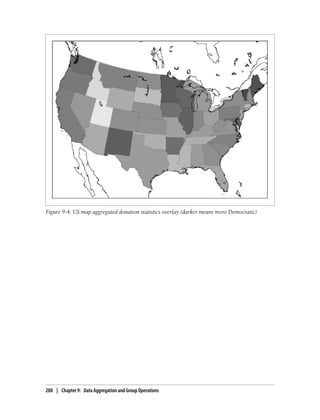 Figure 9-4. US map aggregated donation statistics overlay (darker means more Democratic)
288 | Chapter 9: Data Aggregation and Group Operations
 