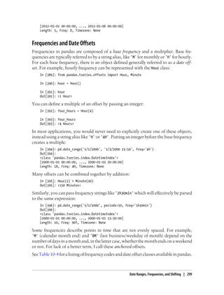 [2012-05-02 00:00:00, ..., 2012-05-06 00:00:00]
Length: 5, Freq: D, Timezone: None
Frequencies and Date Offsets
Frequencies in pandas are composed of a base frequency and a multiplier. Base fre-
quencies are typically referred to by a string alias, like 'M' for monthly or 'H' for hourly.
For each base frequency, there is an object defined generally referred to as a date off-
set. For example, hourly frequency can be represented with the Hour class:
In [389]: from pandas.tseries.offsets import Hour, Minute
In [390]: hour = Hour()
In [391]: hour
Out[391]: <1 Hour>
You can define a multiple of an offset by passing an integer:
In [392]: four_hours = Hour(4)
In [393]: four_hours
Out[393]: <4 Hours>
In most applications, you would never need to explicitly create one of these objects,
instead using a string alias like 'H' or '4H'. Putting an integer before the base frequency
creates a multiple:
In [394]: pd.date_range('1/1/2000', '1/3/2000 23:59', freq='4h')
Out[394]:
<class 'pandas.tseries.index.DatetimeIndex'>
[2000-01-01 00:00:00, ..., 2000-01-03 20:00:00]
Length: 18, Freq: 4H, Timezone: None
Many offsets can be combined together by addition:
In [395]: Hour(2) + Minute(30)
Out[395]: <150 Minutes>
Similarly, you can pass frequency strings like '2h30min' which will effectively be parsed
to the same expression:
In [396]: pd.date_range('1/1/2000', periods=10, freq='1h30min')
Out[396]:
<class 'pandas.tseries.index.DatetimeIndex'>
[2000-01-01 00:00:00, ..., 2000-01-01 13:30:00]
Length: 10, Freq: 90T, Timezone: None
Some frequencies describe points in time that are not evenly spaced. For example,
'M' (calendar month end) and 'BM' (last business/weekday of month) depend on the
numberofdaysinamonthand,inthelattercase,whetherthemonthendsonaweekend
or not. For lack of a better term, I call these anchored offsets.
SeeTable10-4foralistingoffrequencycodesanddateoffsetclassesavailableinpandas.
Date Ranges, Frequencies, and Shifting | 299
 