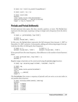 In [451]: ts2 = ts1[2:].tz_convert('Europe/Moscow')
In [452]: result = ts1 + ts2
In [453]: result.index
Out[453]:
<class 'pandas.tseries.index.DatetimeIndex'>
[2012-03-07 09:30:00, ..., 2012-03-15 09:30:00]
Length: 7, Freq: B, Timezone: UTC
Periods and Period Arithmetic
Periods represent time spans, like days, months, quarters, or years. The Period class
represents this data type, requiring a string or integer and a frequency from the above
table:
In [454]: p = pd.Period(2007, freq='A-DEC')
In [455]: p
Out[455]: Period('2007', 'A-DEC')
In this case, the Period object represents the full timespan from January 1, 2007 to
December 31, 2007, inclusive. Conveniently, adding and subtracting integers from pe-
riods has the effect of shifting by their frequency:
In [456]: p + 5 In [457]: p - 2
Out[456]: Period('2012', 'A-DEC') Out[457]: Period('2005', 'A-DEC')
If two periods have the same frequency, their difference is the number of units between
them:
In [458]: pd.Period('2014', freq='A-DEC') - p
Out[458]: 7
Regular ranges of periods can be constructed using the period_range function:
In [459]: rng = pd.period_range('1/1/2000', '6/30/2000', freq='M')
In [460]: rng
Out[460]:
<class 'pandas.tseries.period.PeriodIndex'>
freq: M
[2000-01, ..., 2000-06]
length: 6
The PeriodIndex class stores a sequence of periods and can serve as an axis index in
any pandas data structure:
In [461]: Series(np.random.randn(6), index=rng)
Out[461]:
2000-01 -0.309119
2000-02 0.028558
2000-03 1.129605
2000-04 -0.374173
2000-05 -0.011401
Periods and Period Arithmetic | 307
 