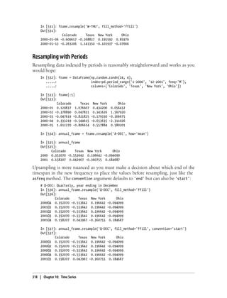 In [531]: frame.resample('W-THU', fill_method='ffill')
Out[531]:
Colorado Texas New York Ohio
2000-01-06 -0.609657 -0.268837 0.195592 0.85979
2000-01-13 -0.263206 1.141350 -0.101937 -0.07666
Resampling with Periods
Resampling data indexed by periods is reasonably straightforward and works as you
would hope:
In [532]: frame = DataFrame(np.random.randn(24, 4),
.....: index=pd.period_range('1-2000', '12-2001', freq='M'),
.....: columns=['Colorado', 'Texas', 'New York', 'Ohio'])
In [533]: frame[:5]
Out[533]:
Colorado Texas New York Ohio
2000-01 0.120837 1.076607 0.434200 0.056432
2000-02 -0.378890 0.047831 0.341626 1.567920
2000-03 -0.047619 -0.821825 -0.179330 -0.166675
2000-04 0.333219 -0.544615 -0.653635 -2.311026
2000-05 1.612270 -0.806614 0.557884 0.580201
In [534]: annual_frame = frame.resample('A-DEC', how='mean')
In [535]: annual_frame
Out[535]:
Colorado Texas New York Ohio
2000 0.352070 -0.553642 0.196642 -0.094099
2001 0.158207 0.042967 -0.360755 0.184687
Upsampling is more nuanced as you must make a decision about which end of the
timespan in the new frequency to place the values before resampling, just like the
asfreq method. The convention argument defaults to 'end' but can also be 'start':
# Q-DEC: Quarterly, year ending in December
In [536]: annual_frame.resample('Q-DEC', fill_method='ffill')
Out[536]:
Colorado Texas New York Ohio
2000Q4 0.352070 -0.553642 0.196642 -0.094099
2001Q1 0.352070 -0.553642 0.196642 -0.094099
2001Q2 0.352070 -0.553642 0.196642 -0.094099
2001Q3 0.352070 -0.553642 0.196642 -0.094099
2001Q4 0.158207 0.042967 -0.360755 0.184687
In [537]: annual_frame.resample('Q-DEC', fill_method='ffill', convention='start')
Out[537]:
Colorado Texas New York Ohio
2000Q1 0.352070 -0.553642 0.196642 -0.094099
2000Q2 0.352070 -0.553642 0.196642 -0.094099
2000Q3 0.352070 -0.553642 0.196642 -0.094099
2000Q4 0.352070 -0.553642 0.196642 -0.094099
2001Q1 0.158207 0.042967 -0.360755 0.184687
318 | Chapter 10: Time Series
 