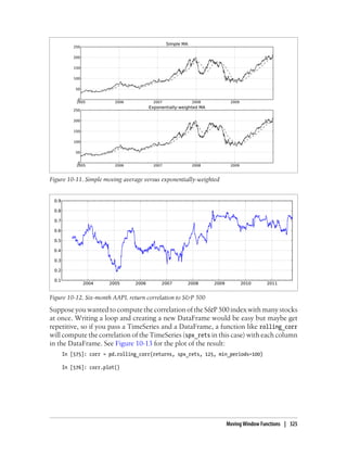 Suppose you wanted to compute the correlation of the S&P 500 index with many stocks
at once. Writing a loop and creating a new DataFrame would be easy but maybe get
repetitive, so if you pass a TimeSeries and a DataFrame, a function like rolling_corr
will compute the correlation of the TimeSeries (spx_rets in this case) with each column
in the DataFrame. See Figure 10-13 for the plot of the result:
In [575]: corr = pd.rolling_corr(returns, spx_rets, 125, min_periods=100)
In [576]: corr.plot()
Figure 10-11. Simple moving average versus exponentially-weighted
Figure 10-12. Six-month AAPL return correlation to S&P 500
Moving Window Functions | 325
 