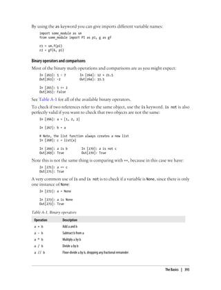 By using the as keyword you can give imports different variable names:
import some_module as sm
from some_module import PI as pi, g as gf
r1 = sm.f(pi)
r2 = gf(6, pi)
Binary operators and comparisons
Most of the binary math operations and comparisons are as you might expect:
In [263]: 5 - 7 In [264]: 12 + 21.5
Out[263]: -2 Out[264]: 33.5
In [265]: 5 <= 2
Out[265]: False
See Table A-1 for all of the available binary operators.
To check if two references refer to the same object, use the is keyword. is not is also
perfectly valid if you want to check that two objects are not the same:
In [266]: a = [1, 2, 3]
In [267]: b = a
# Note, the list function always creates a new list
In [268]: c = list(a)
In [269]: a is b In [270]: a is not c
Out[269]: True Out[270]: True
Note this is not the same thing is comparing with ==, because in this case we have:
In [271]: a == c
Out[271]: True
A very common use of is and is not is to check if a variable is None, since there is only
one instance of None:
In [272]: a = None
In [273]: a is None
Out[273]: True
Table A-1. Binary operators
Operation Description
a + b Add a and b
a - b Subtract b from a
a * b Multiply a by b
a / b Divide a by b
a // b Floor-divide a by b, dropping any fractional remainder
The Basics | 393
 