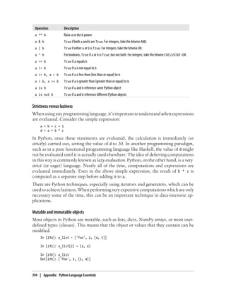Operation Description
a ** b Raise a to the b power
a & b True if both a and b are True. For integers, take the bitwise AND.
a | b True if either a or b is True. For integers, take the bitwise OR.
a ^ b For booleans, True if a or b is True, but not both. For integers, take the bitwise EXCLUSIVE-OR.
a == b True if a equals b
a != b True if a is not equal to b
a <= b, a < b True if a is less than (less than or equal) to b
a > b, a >= b True if a is greater than (greater than or equal) to b
a is b True if a and b reference same Python object
a is not b True if a and b reference different Python objects
Strictness versus laziness
Whenusinganyprogramminglanguage,it’simportanttounderstandwhenexpressions
are evaluated. Consider the simple expression:
a = b = c = 5
d = a + b * c
In Python, once these statements are evaluated, the calculation is immediately (or
strictly) carried out, setting the value of d to 30. In another programming paradigm,
such as in a pure functional programming language like Haskell, the value of d might
not be evaluated until it is actually used elsewhere. The idea of deferring computations
in this way is commonly known as lazy evaluation. Python, on the other hand, is a very
strict (or eager) language. Nearly all of the time, computations and expressions are
evaluated immediately. Even in the above simple expression, the result of b * c is
computed as a separate step before adding it to a.
There are Python techniques, especially using iterators and generators, which can be
used to achieve laziness. When performing very expensive computations which are only
necessary some of the time, this can be an important technique in data-intensive ap-
plications.
Mutable and immutable objects
Most objects in Python are mutable, such as lists, dicts, NumPy arrays, or most user-
defined types (classes). This means that the object or values that they contain can be
modified.
In [274]: a_list = ['foo', 2, [4, 5]]
In [275]: a_list[2] = (3, 4)
In [276]: a_list
Out[276]: ['foo', 2, (3, 4)]
394 | Appendix: Python Language Essentials
 