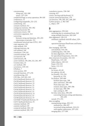 concatenating
along axis, 185–188
arrays, 357–359
conditional logic as array operation, 98–100
conferences, 12
configuring matplotlib, 231–232
conforming, 122
contains method, 212
contiguous memory, 381–382
continue keyword, 401
continuous return, 348
convention argument, 314
converting
between string and datetime, 291–293
timestamps to periods, 311
coordinated universal time (UTC), 303
copy argument, 181
copy method, 118
copysign function, 96
corr method, 140
correlation, 139–141
corrwith method, 140
cos function, 96
cosh function, 96
count method, 139, 206, 212, 261, 407
Counter class, 21
cov method, 140
covariance, 139–141
CPython, 7
cross-section, 329
crosstab function, 277–278
crowdsourcing, 241
CSV files, 163–165, 242
Ctrl-A keyboard shortcut, 53
Ctrl-B keyboard shortcut, 53
Ctrl-C keyboard shortcut, 53
Ctrl-E keyboard shortcut, 53
Ctrl-F keyboard shortcut, 53
Ctrl-K keyboard shortcut, 53
Ctrl-L keyboard shortcut, 53
Ctrl-N keyboard shortcut, 53
Ctrl-P keyboard shortcut, 53
Ctrl-R keyboard shortcut, 53
Ctrl-Shift-V keyboard shortcut, 53
Ctrl-U keyboard shortcut, 53
cummax method, 139
cummin method, 139
cumprod method, 100, 139
cumsum method, 100, 139
cumulative returns, 338–340
currying, 427
cursor, moving with keyboard, 53
custom universal functions, 370
cut function, 199, 200, 201, 268, 283
Cython project, 2, 382–383
c_ object, 359
D
data aggregation, 259–264
returning data in unindexed form, 264
using multiple functions, 262–264
data alignment, 128–132
arithmetic methods with fill values, 129–
130
operations between DataFrame and Series,
130–132
data munging, 329–340
asof method, 334–336
combining data, 336–338
for data alignment, 330–331
for specialized frequencies, 332–334
data structures for pandas, 112–121
DataFrame, 115–120
Index objects, 120–121
Panel, 152–154
Series, 112–115
data types
for arrays, 83–85
for ndarray, 83–85
for NumPy, 353–354
hierarchy of, 354
for Python, 395–400
boolean data type, 398
dates and times, 399–400
None data type, 399
numeric data types, 395–396
str data type, 396–398
type casting in, 399
for time series data, 290–293
converting between string and datetime,
291–293
nested, 371–372
data wrangling
manipulating strings, 205–211
methods for, 206–207
vectorized string methods, 210–211
with regular expressions, 207–210
merging data, 177–189
436 | Index
 