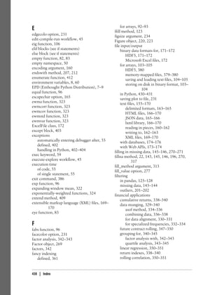 E
edgecolo option, 231
edit-compile-run workflow, 45
eig function, 106
elif blocks (see if statements)
else block (see if statements)
empty function, 82, 83
empty namespace, 50
encoding argument, 160
endswith method, 207, 212
enumerate function, 412
environment variables, 8, 60
EPD (Enthought Python Distribution), 7–9
equal function, 96
escapechar option, 165
ewma function, 323
ewmcorr function, 323
ewmcov function, 323
ewmstd function, 323
ewmvar function, 323
ExcelFile class, 172
except block, 403
exceptions
automatically entering debugger after, 55
defined, 402
handling in Python, 402–404
exec keyword, 59
execute-explore workflow, 45
execution time
of code, 55
of single statement, 55
exit command, 386
exp function, 96
expanding window mean, 322
exponentially-weighted functions, 324
extend method, 409
extensible markup language (XML) files, 169–
170
eye function, 83
F
fabs function, 96
facecolor option, 231
factor analysis, 342–343
Factor object, 269
factors, 342
fancy indexing
defined, 361
for arrays, 92–93
ffill method, 123
figsize argument, 234
Figure object, 220, 223
file input/output
binary data formats for, 171–172
HDF5, 171–172
Microsoft Excel files, 172
for arrays, 103–105
HDF5, 380
memory-mapped files, 379–380
saving and loading text files, 104–105
storing on disk in binary format, 103–
104
in Python, 430–431
saving plot to file, 231
text files, 155–170
delimited formats, 163–165
HTML files, 166–170
JSON data, 165–166
lxml library, 166–170
reading in pieces, 160–162
writing to, 162–163
XML files, 169–170
with databases, 174–176
with Web APIs, 173–174
filling in missing data, 145–146, 270–271
fillna method, 22, 143, 145, 146, 196, 270,
317
fill_method argument, 313
fill_value option, 277
filtering
in pandas, 125–128
missing data, 143–144
outliers, 201–202
financial applications
cumulative returns, 338–340
data munging, 329–340
asof method, 334–336
combining data, 336–338
for data alignment, 330–331
for specialized frequencies, 332–334
future contract rolling, 347–350
grouping for, 340–345
factor analysis with, 342–343
quartile analysis, 343–345
linear regression, 350–351
return indexes, 338–340
rolling correlation, 350–351
438 | Index
 