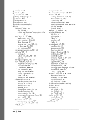 put function, 362
put method, 362
.py files, 50, 386, 392
pydata (Google group), 12
pylab mode, 219
pymongo driver, 175
pyplot module, 220
pystatsmodels (mailing list), 12
Python
benefits of using, 2–3
glue for code, 2
solving "two-language" problem with, 2–
3
data types for, 395–400
boolean data type, 398
dates and times, 399–400
None data type, 399
numeric data types, 395–396
str data type, 396–398
type casting in, 399
dict comprehensions in, 418–420
dicts in, 413–416
creating, 415
default values for, 415–416
keys for, 416
file input/output in, 430–431
flow control in, 400–405
exception handling, 402–404
for loops, 401–402
if statements, 400–401
pass statements, 402
range function, 404–405
ternary expressions, 405
while loops, 402
xrange function, 404–405
functions in, 420–430
anonymous functions, 424
are objects, 422–423
closures, 425–426
currying of, 427
extended call syntax for, 426
lambda functions, 424
namespaces for, 420–421
returning multiple values from, 422
scope of, 420–421
generators in, 427–430
generator expressions, 429
itertools module for, 429–430
IDEs for, 11
interpreter for, 386
list comprehensions in, 418–420
lists in, 408–411
adding elements to, 408–409
binary search of, 410
combining, 409
insertion into sorted, 410
removing elements from, 408–409
slicing, 410–411
sorting, 409–410
Python 2 vs. Python 3, 11
required libraries, 3–6
IPython, 5
matplotlib, 5
NumPy, 4
pandas, 4–5
SciPy, 6
semantics of, 387–395
attributes in, 391
comments in, 388
functions in, 389
import directive, 392–393
indentation, 387–388
methods in, 389
mutable objects in, 394–395
object model, 388
operators for, 393
references in, 389–390
strict evaluation, 394
strongly-typed language, 390–391
variables in, 389–390
“duck” typing, 392
sequence functions in, 411–413
enumerate function, 412
reversed function, 413
sorted function, 412
zip function, 412–413
set comprehensions in, 418–420
sets in, 416–417
setting up, 6–11
on Linux, 10–11
on OS X, 9–10
on Windows, 7–9
tuples in, 406–407
methods for, 407
unpacking, 407
pytz library, 303
446 | Index
 