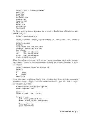 In [367]: !head -n 10 names/yob1880.txt
Mary,F,7065
Anna,F,2604
Emma,F,2003
Elizabeth,F,1939
Minnie,F,1746
Margaret,F,1578
Ida,F,1472
Alice,F,1414
Bertha,F,1320
Sarah,F,1288
As this is a nicely comma-separated form, it can be loaded into a DataFrame with
pandas.read_csv:
In [368]: import pandas as pd
In [369]: names1880 = pd.read_csv('names/yob1880.txt', names=['name', 'sex', 'births'])
In [370]: names1880
Out[370]:
<class 'pandas.core.frame.DataFrame'>
Int64Index: 2000 entries, 0 to 1999
Data columns:
name 2000 non-null values
sex 2000 non-null values
births 2000 non-null values
dtypes: int64(1), object(2)
These files only contain names with at least 5 occurrences in each year, so for simplic-
ity’s sake we can use the sum of the births column by sex as the total number of births
in that year:
In [371]: names1880.groupby('sex').births.sum()
Out[371]:
sex
F 90993
M 110493
Name: births
Since the data set is split into files by year, one of the first things to do is to assemble
all of the data into a single DataFrame and further to add a year field. This is easy to
do using pandas.concat:
# 2010 is the last available year right now
years = range(1880, 2011)
pieces = []
columns = ['name', 'sex', 'births']
for year in years:
path = 'names/yob%d.txt' % year
frame = pd.read_csv(path, names=columns)
frame['year'] = year
pieces.append(frame)
US Baby Names 1880-2010 | 33
 