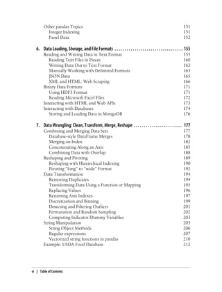 Other pandas Topics 151
Integer Indexing 151
Panel Data 152
6. Data Loading, Storage, and File Formats . . . . . . . . . . . . . . . . . . . . . . . . . . . . . . . . . . 155
Reading and Writing Data in Text Format 155
Reading Text Files in Pieces 160
Writing Data Out to Text Format 162
Manually Working with Delimited Formats 163
JSON Data 165
XML and HTML: Web Scraping 166
Binary Data Formats 171
Using HDF5 Format 171
Reading Microsoft Excel Files 172
Interacting with HTML and Web APIs 173
Interacting with Databases 174
Storing and Loading Data in MongoDB 176
7. Data Wrangling: Clean, Transform, Merge, Reshape . . . . . . . . . . . . . . . . . . . . . . . . 177
Combining and Merging Data Sets 177
Database-style DataFrame Merges 178
Merging on Index 182
Concatenating Along an Axis 185
Combining Data with Overlap 188
Reshaping and Pivoting 189
Reshaping with Hierarchical Indexing 190
Pivoting “long” to “wide” Format 192
Data Transformation 194
Removing Duplicates 194
Transforming Data Using a Function or Mapping 195
Replacing Values 196
Renaming Axis Indexes 197
Discretization and Binning 199
Detecting and Filtering Outliers 201
Permutation and Random Sampling 202
Computing Indicator/Dummy Variables 203
String Manipulation 205
String Object Methods 206
Regular expressions 207
Vectorized string functions in pandas 210
Example: USDA Food Database 212
vi | Table of Contents
 