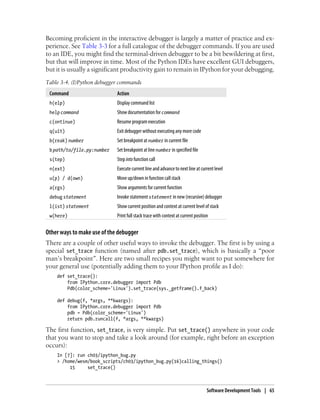 Becoming proficient in the interactive debugger is largely a matter of practice and ex-
perience. See Table 3-3 for a full catalogue of the debugger commands. If you are used
to an IDE, you might find the terminal-driven debugger to be a bit bewildering at first,
but that will improve in time. Most of the Python IDEs have excellent GUI debuggers,
but it is usually a significant productivity gain to remain in IPython for your debugging.
Table 3-4. (I)Python debugger commands
Command Action
h(elp) Display command list
help command Show documentation for command
c(ontinue) Resume program execution
q(uit) Exit debugger without executing any more code
b(reak) number Set breakpoint at number in current file
b path/to/file.py:number Set breakpoint at line number in specified file
s(tep) Step into function call
n(ext) Execute current line and advance to next line at current level
u(p) / d(own) Move up/down in function call stack
a(rgs) Show arguments for current function
debug statement Invoke statement statement in new (recursive) debugger
l(ist) statement Show current position and context at current level of stack
w(here) Print full stack trace with context at current position
Other ways to make use of the debugger
There are a couple of other useful ways to invoke the debugger. The first is by using a
special set_trace function (named after pdb.set_trace), which is basically a “poor
man’s breakpoint”. Here are two small recipes you might want to put somewhere for
your general use (potentially adding them to your IPython profile as I do):
def set_trace():
from IPython.core.debugger import Pdb
Pdb(color_scheme='Linux').set_trace(sys._getframe().f_back)
def debug(f, *args, **kwargs):
from IPython.core.debugger import Pdb
pdb = Pdb(color_scheme='Linux')
return pdb.runcall(f, *args, **kwargs)
The first function, set_trace, is very simple. Put set_trace() anywhere in your code
that you want to stop and take a look around (for example, right before an exception
occurs):
In [7]: run ch03/ipython_bug.py
> /home/wesm/book_scripts/ch03/ipython_bug.py(16)calling_things()
15 set_trace()
Software Development Tools | 65
 