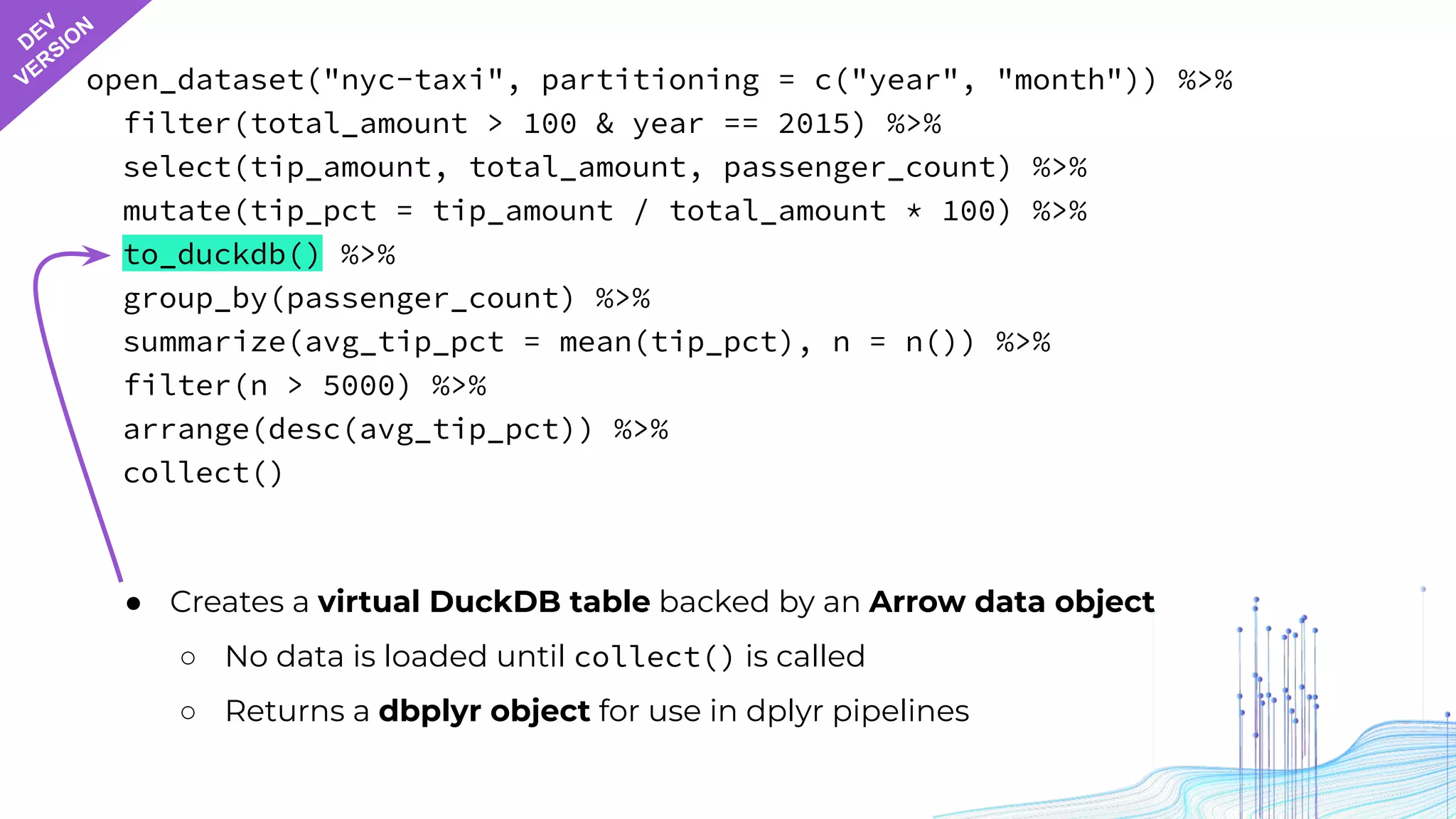 open_dataset("nyc-taxi", partitioning = c("year", "month")) %>%
filter(total_amount > 100 & year == 2015) %>%
select(tip_amount, total_amount, passenger_count) %>%
mutate(tip_pct = tip_amount / total_amount * 100) %>%
to_duckdb() %>%
group_by(passenger_count) %>%
summarize(avg_tip_pct = mean(tip_pct), n = n()) %>%
filter(n > 5000) %>%
arrange(desc(avg_tip_pct)) %>%
collect()
● Creates a virtual DuckDB table backed by an Arrow data object
○ No data is loaded until collect() is called
○ Returns a dbplyr object for use in dplyr pipelines
DEV
VERSIO
N
 