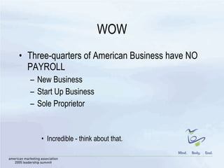 WOW Three-quarters of American Business have NO PAYROLL New Business Start Up Business Sole Proprietor Incredible - think about that.  