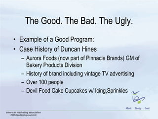 The Good. The Bad. The Ugly. Example of a Good Program: Case History of Duncan Hines Aurora Foods (now part of Pinnacle Brands) GM of Bakery Products Division History of brand including vintage TV advertising Over 100 people Devil Food Cake Cupcakes w/ Icing,Sprinkles 