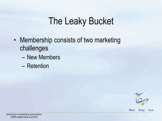 The Leaky Bucket Membership consists of two marketing challenges New Members Retention 