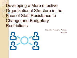 Developing a More effective Organizational Structure in the Face of Staff Resistance to Change and Budgetary Restrictions Presented by:  Andrew Wesolek Fall, 2009 