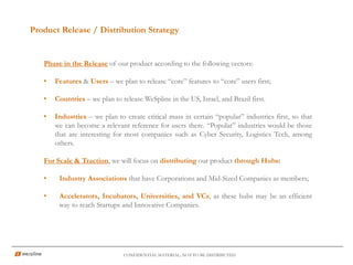 Product Release / Distribution Strategy
CONFIDENTIAL MATERIAL; NOT TO BE DISTRIBUTED
Phase in the Release of our product according to the following vectors:
• Features & Users – we plan to release “core” features to “core” users first;
• Countries – we plan to release WeSpline in the US, Israel, and Brazil first.
• Industries – we plan to create critical mass in certain “popular” industries first, so that
we can become a relevant reference for users there. “Popular” industries would be those
that are interesting for most companies such as Cyber Security, Logistics Tech, among
others.
For Scale & Traction, we will focus on distributing our product through Hubs:
• Industry Associations that have Corporations and Mid-Sized Companies as members;
• Accelerators, Incubators, Universities, and VCs, as these hubs may be an efficient
way to reach Startups and Innovative Companies.
 