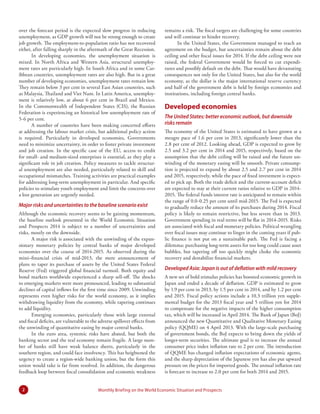 over the forecast period is the expected slow progress in reducing
unemployment, as GDP growth will not be strong enough to create
job growth. The employment-to-population ratio has not recovered
either, after falling sharply in the aftermath of the Great Recession.
In developing economies, the unemployment situation is
mixed. In North Africa and Western Asia, structural unemployment rates are particularly high. In South Africa and in some Caribbean countries, unemployment rates are also high. But in a great
number of developing economies, unemployment rates remain low.
They remain below 3 per cent in several East Asian countries, such
as Malaysia, Thailand and Viet Nam. In Latin America, unemployment is relatively low, at about 6 per cent in Brazil and Mexico.
In the Commonwealth of Independent States (CIS), the Russian
Federation is experiencing an historical low unemployment rate of
5-6 per cent.
A number of countries have been making concerted efforts
at addressing the labour market crisis, but additional policy action
is required. Particularly in developed economies, Governments
need to minimize uncertainty, in order to foster private investment
and job creation. In the specific case of the EU, access to credit
for small- and medium-sized enterprises is essential, as they play a
significant role in job creation. Policy measures to tackle structural unemployment are also needed, particularly related to skill and
occupational mismatches. Training activities are practical examples
for addressing long-term unemployment in particular. And specific
policies to stimulate youth employment and limit the concerns over
a lost generation are urgently needed.

Major risks and uncertainties to the baseline scenario exist
Although the economic recovery seems to be gaining momentum,
the baseline outlook presented in the World Economic Situation
and Prospects 2014 is subject to a number of uncertainties and
risks, mostly on the downside.
A major risk is associated with the unwinding of the expansionary monetary policies by central banks of major developed
economies over the course of 2014-2015. As observed during the
mini–financial crisis of mid-2013, the mere announcement of
plans to taper its purchase of assets by the United States Federal
Reserve (Fed) triggered global financial turmoil. Both equity and
bond markets worldwide experienced a sharp sell-off. The shocks
to emerging markets were more pronounced, leading to substantial
declines of capital inflows for the first time since 2009. Unwinding
represents even higher risks for the world economy, as it implies
withdrawing liquidity from the economy, while tapering continues
to add liquidity.
Emerging economies, particularly those with large external
and fiscal deficits, are vulnerable to the adverse spillover effects from
the unwinding of quantitative easing by major central banks.
In the euro area, systemic risks have abated, but both the
banking sector and the real economy remain fragile. A large number of banks still have weak balance sheets, particularly in the
southern region, and could face insolvency. This has heightened the
urgency to create a region-wide banking union, but the form this
union would take is far from resolved. In addition, the dangerous
feedback loop between fiscal consolidation and economic weakness
2

remains a risk. The fiscal targets are challenging for some countries
and will continue to hinder recovery.
In the United States, the Government managed to reach an
agreement on the budget, but uncertainties remain about the debt
ceiling and other fiscal issues for 2014. If the debt ceiling were not
raised, the federal Government would be forced to cut expenditures and possibly default on the debt. That would have devastating
consequences not only for the United States, but also for the world
economy, as the dollar is the major international reserve currency
and half of the government debt is held by foreign economies and
institutions, including foreign central banks.

Developed economies
The United States: better economic outlook, but downside
risks remain
The economy of the United States is estimated to have grown at a
meagre pace of 1.6 per cent in 2013, significantly lower than the
2.8 per cent of 2012. Looking ahead, GDP is expected to grow by
2.5 and 3.2 per cent in 2014 and 2015, respectively, based on the
assumption that the debt ceiling will be raised and the future unwinding of the monetary easing will be smooth. Private consumption is projected to expand by about 2.5 and 2.7 per cent in 2014
and 2015, respectively, while the pace of fixed investment is expected to pick up. Both the trade deficit and the current-account deficit
are expected to stay at their current ratios relative to GDP in 20142015. The federal funds interest rate is anticipated to remain within
the range of 0.0-0.25 per cent until mid-2015. The Fed is expected
to gradually reduce the amount of its purchases during 2014. Fiscal
policy is likely to remain restrictive, but less severe than in 2013.
Government spending in real terms will be flat in 2014-2015. Risks
are associated with fiscal and monetary policies. Political wrangling
over fiscal issues may continue to linger in the coming years if public finance is not put on a sustainable path. The Fed is facing a
dilemma: purchasing long-term assets for too long could cause asset
bubbles, but tapering off too quickly might choke the economic
recovery and destabilize financial markets.

Developed Asia: Japan is out of deflation with mild recovery
A new set of bold stimulus policies has boosted economic growth in
Japan and ended a decade of deflation. GDP is estimated to grow
by 1.9 per cent in 2013, by 1.5 per cent in 2014, and by 1.2 per cent
and 2015. Fiscal policy actions include a 10.3 trillion yen supplemental budget for the 2013 fiscal year and 5 trillion yen for 2014
to compensate for the negative impacts of the higher consumption
tax, which will be increased in April 2014. The Bank of Japan (BoJ)
announced the new Quantitative and Qualitative Monetary Easing
policy (QQME) on 4 April 2013. With the large-scale purchasing
of government bonds, the BoJ expects to bring down the yields of
longer-term securities. The ultimate goal is to increase the annual
consumer price index inflation rate to 2 per cent. The introduction
of QQME has changed inflation expectations of economic agents,
and the sharp depreciation of the Japanese yen has also put upward
pressure on the prices for imported goods. The annual inflation rate
is forecast to increase to 2.0 per cent for both 2014 and 2015.

Monthly Briefing on the World Economic Situation and Prospects

 