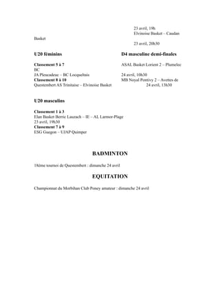 23 avril, 19h
Elvinoise Basket – Caudan
Basket
23 avril, 20h30
U20 féminins D4 masculine demi-finales
Classement 5 à 7 ASAL Basket Lorient 2 – Plumelec
BC
JA Pleucadeuc – BC Locqueltais 24 avril, 10h30
Classement 8 à 10 MB Noyal Pontivy 2 – Avettes de
Questembert AS Trinitaise – Elvinoise Basket 24 avril, 13h30
U20 masculins
Classement 1 à 3
Elan Basket Berric Lauzach – IE – AL Larmor-Plage
23 avril, 19h30
Classement 7 à 9
ESG Guegon – UJAP Quimper
BADMINTON
18ème tournoi de Questembert : dimanche 24 avril
EQUITATION
Championnat du Morbihan Club Poney amateur : dimanche 24 avril
 