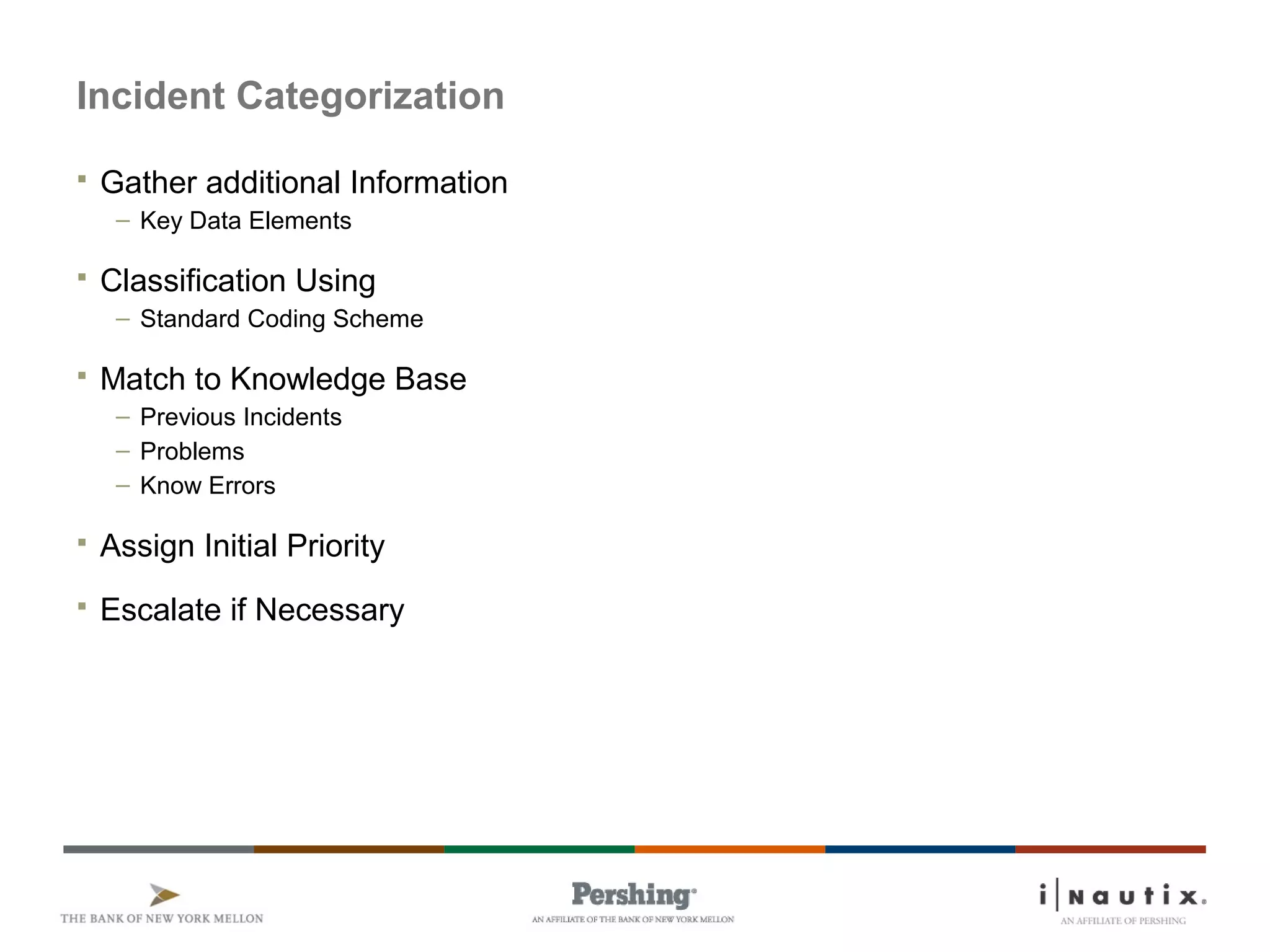 Page 17
Incident Categorization
 Gather additional Information
– Key Data Elements
 Classification Using
– Standard Coding Scheme
 Match to Knowledge Base
– Previous Incidents
– Problems
– Know Errors
 Assign Initial Priority
 Escalate if Necessary
 